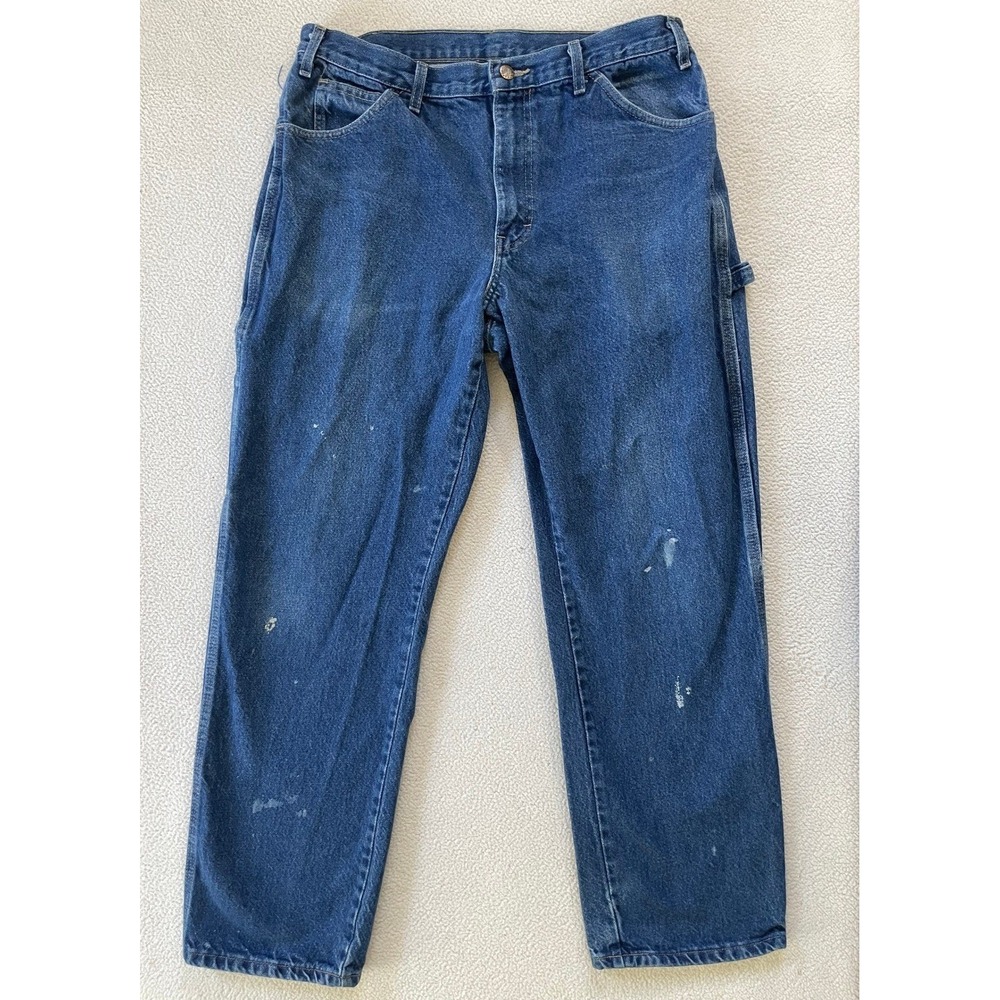 Dickies Mens 34x30 Carpenter Jeans Blue Denim Utility Work Pants WB165SF Stains